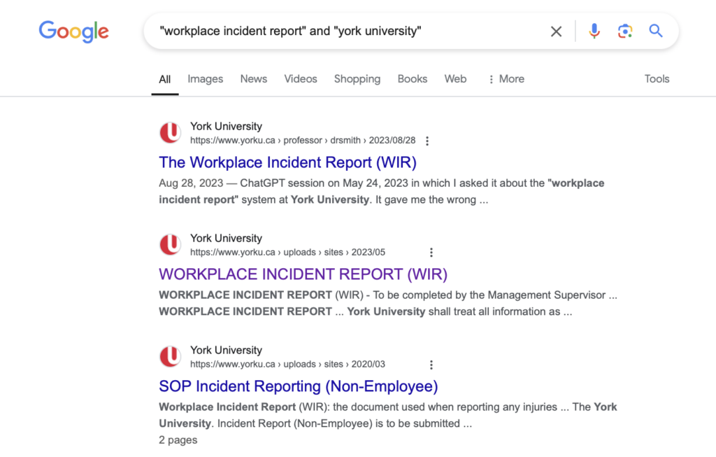 search for "workplace incident report" and "york university" now shows that it is accessible.